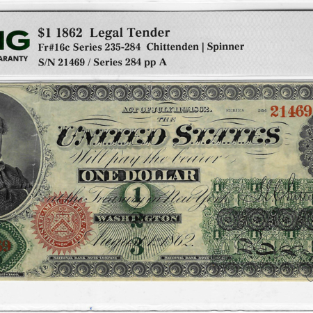 Legal Tender U.S. Notes 1862 $1 LEGAL TENDER, FR#16c, SERIES 235-284 CHITTENDON/SPINNER PMG VF-25 SPLITS