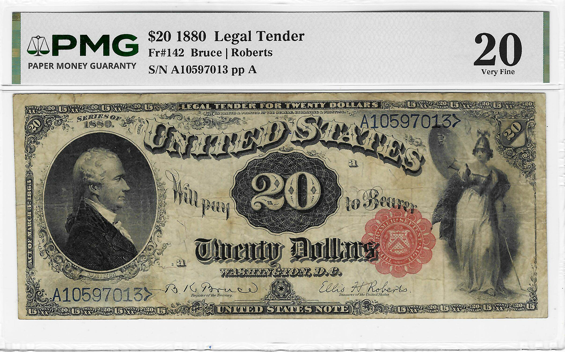 Legal Tender U.S. Notes 1880 $20 LEGAL TENDER, FR#142 BRUCE/ROBERTS, PMG VF-20; WHOLESOME & ORIGINAL! Legal Tender U.S. Notes 1880 $20 LEGAL TENDER, FR#142 BRUCE/ROBERTS, PMG VF-20; WHOLESOME & ORIGINAL!
