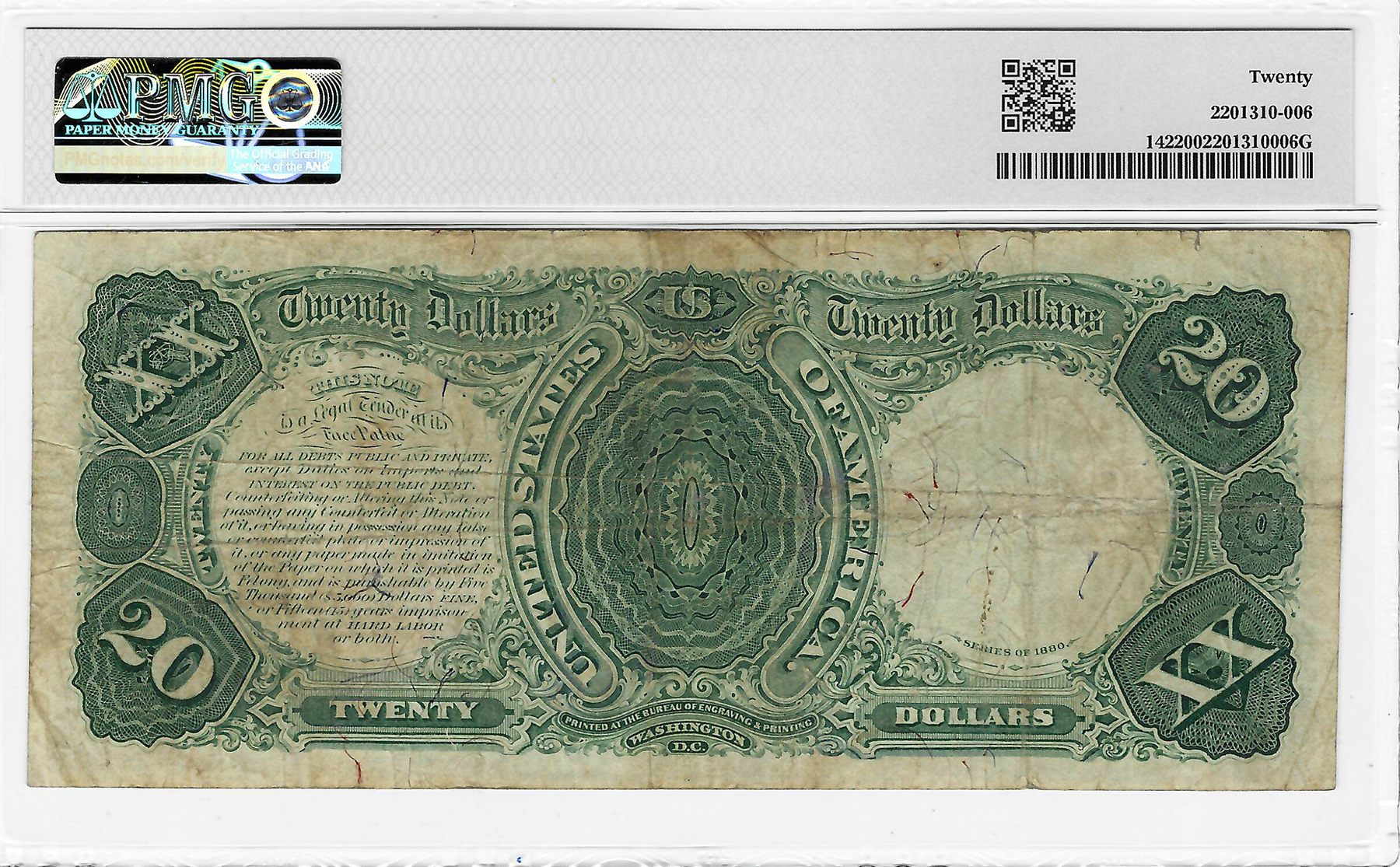 Legal Tender U.S. Notes 1880 $20 LEGAL TENDER, FR#142 BRUCE/ROBERTS, PMG VF-20; WHOLESOME & ORIGINAL! Legal Tender U.S. Notes 1880 $20 LEGAL TENDER, FR#142 BRUCE/ROBERTS, PMG VF-20; WHOLESOME & ORIGINAL!