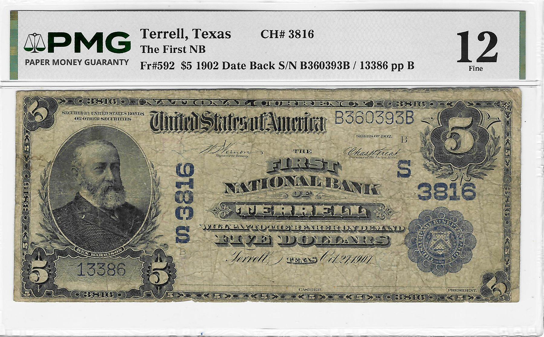 Large National Currency 1902 $5 FIRST NB OF TERRELL, TEXAS, CHTR 3816, 3rd CHTR DATE BACK, PMG FINE-12! Large National Currency 1902 $5 FIRST NB OF TERRELL, TEXAS, CHTR 3816, 3rd CHTR DATE BACK, PMG FINE-12!