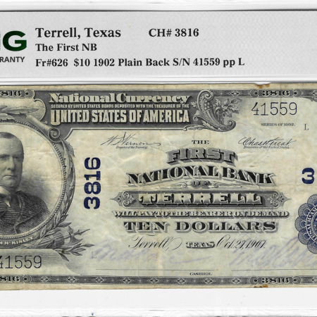 Large National Currency 1902 $10 FNB OF TERRELL, TEXAS, CHTR #3816, PLAIN BACK, PMG VF-25 MINOR RUST