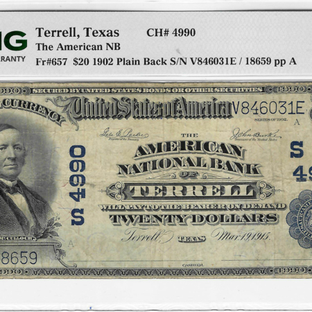 Large National Currency 1902 $20 AMERICAN NB OF TERRELL, TEXAS, CHTR 4990, FR#657, PLAIN BACK, PMG VF-20