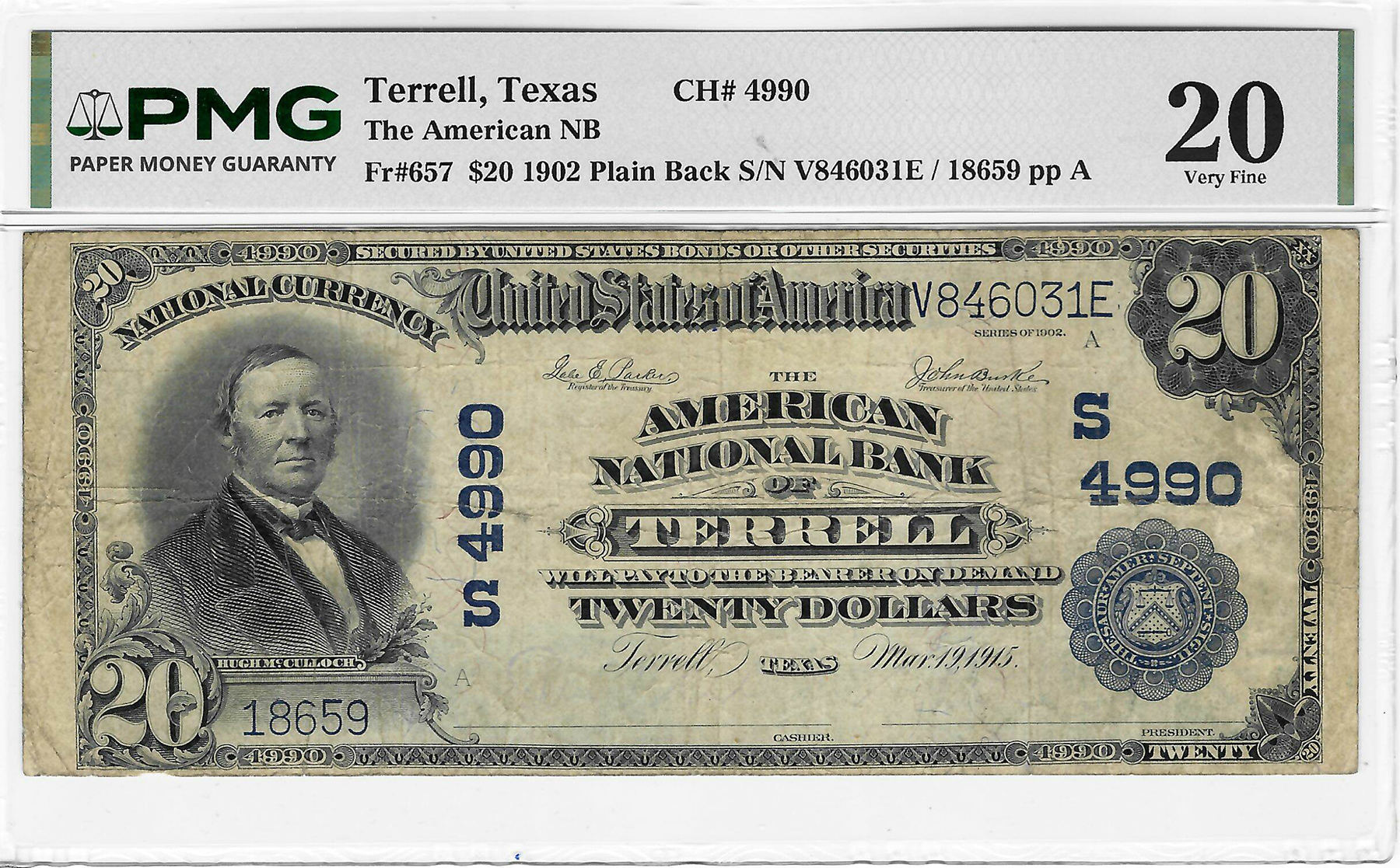Large National Currency 1902 $20 AMERICAN NB OF TERRELL, TEXAS, CHTR 4990, FR#657, PLAIN BACK, PMG VF-20 Large National Currency 1902 $20 AMERICAN NB OF TERRELL, TEXAS, CHTR 4990, FR#657, PLAIN BACK, PMG VF-20