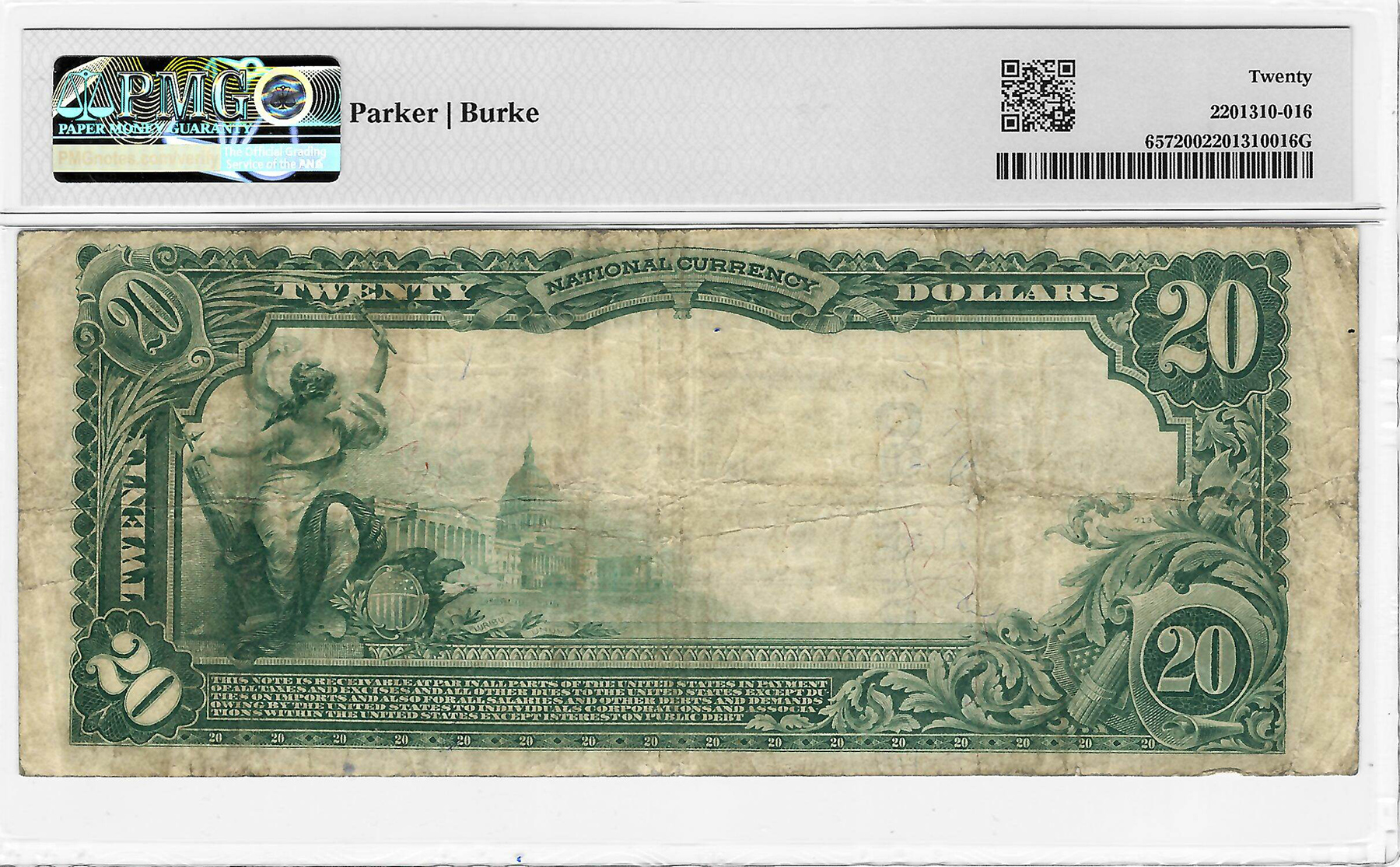Large National Currency 1902 $20 AMERICAN NB OF TERRELL, TEXAS, CHTR 4990, FR#657, PLAIN BACK, PMG VF-20 Large National Currency 1902 $20 AMERICAN NB OF TERRELL, TEXAS, CHTR 4990, FR#657, PLAIN BACK, PMG VF-20