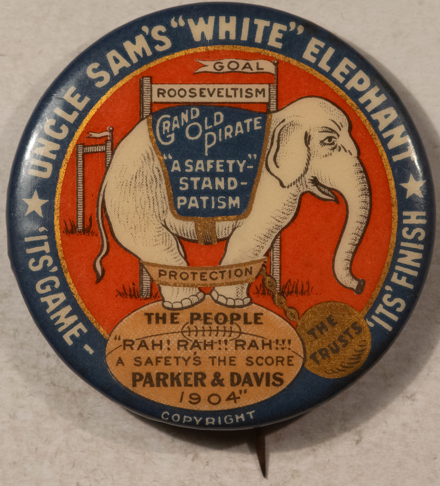 New Store Items 1904 ALTON PARKER, 1 1/2″ CLASSIC “WHITE ELEPHANT” BUTTON, NR-MINT W/BACK PAPER! New Store Items 1904 ALTON PARKER, 1 1/2″ CLASSIC “WHITE ELEPHANT” BUTTON, NR-MINT W/BACK PAPER!
