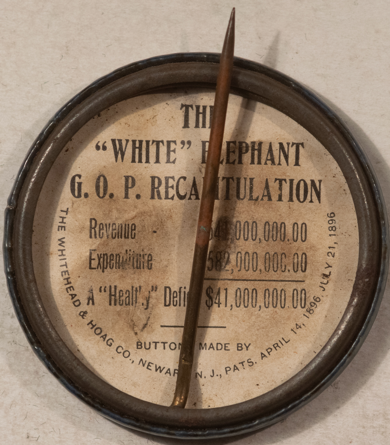 New Store Items 1904 ALTON PARKER, 1 1/2″ CLASSIC “WHITE ELEPHANT” BUTTON, NR-MINT W/BACK PAPER! New Store Items 1904 ALTON PARKER, 1 1/2″ CLASSIC “WHITE ELEPHANT” BUTTON, NR-MINT W/BACK PAPER!
