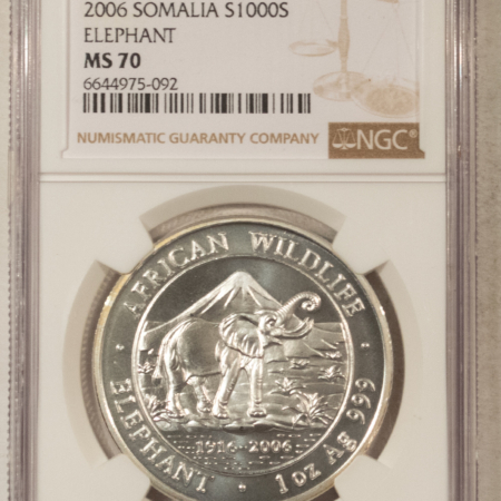 Bullion 2006 SOMALIA 1000 SHILLINGS 1 OZ 999 SILVER AFRICAN ELEPHANT – NGC MS-70, RARE! Bullion 2006 SOMALIA 1000 SHILLINGS 1 OZ 999 SILVER AFRICAN ELEPHANT – NGC MS-70, RARE!
