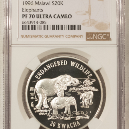 Bullion 1996 PROOF MALAWI 20 KWACHA ENDANGERED WILDLIFE ELEPHANTS – NGC PF-70 UCAM POP 1