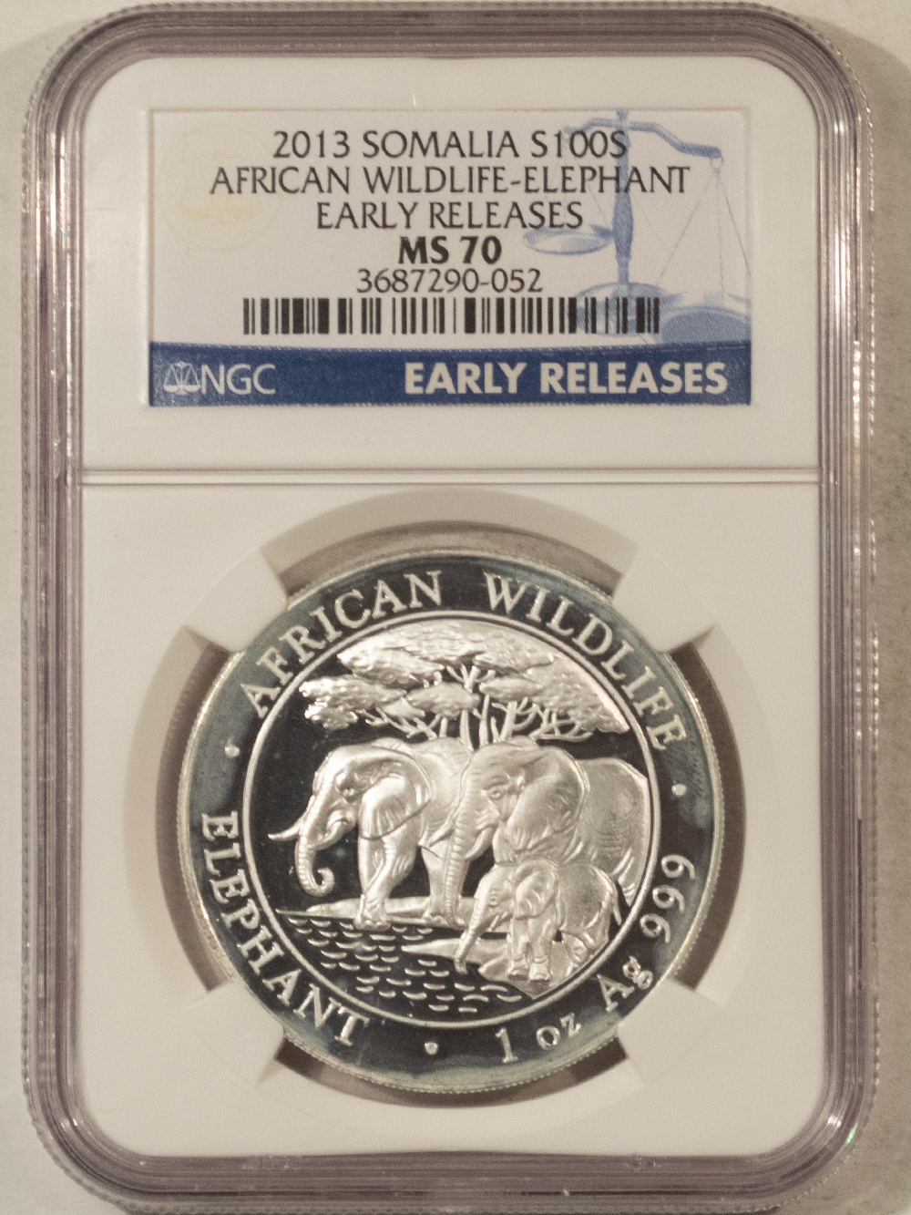 Bullion 2013 SOMALIA 100 SHILLINGS 1 OZ 999 AFRICAN ELEPHANT EARLY REL – NGC MS-70, HAZY Bullion 2013 SOMALIA 100 SHILLINGS 1 OZ 999 AFRICAN ELEPHANT EARLY REL – NGC MS-70, HAZY