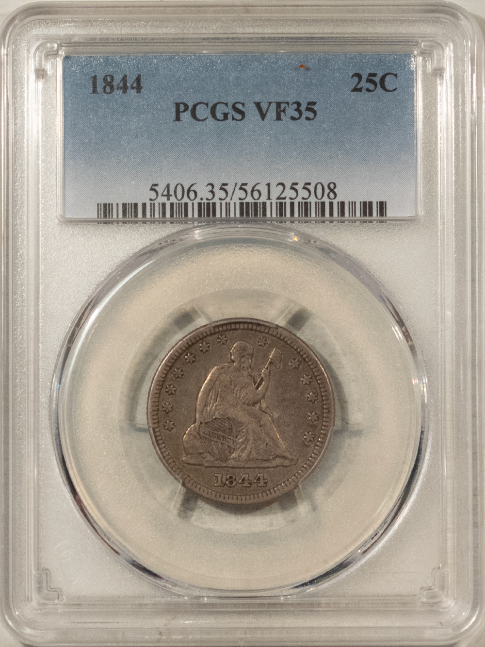 Liberty Seated Quarters 1844 SEATED LIBERTY QUARTER – PCGS VF-35 Liberty Seated Quarters 1844 SEATED LIBERTY QUARTER – PCGS VF-35