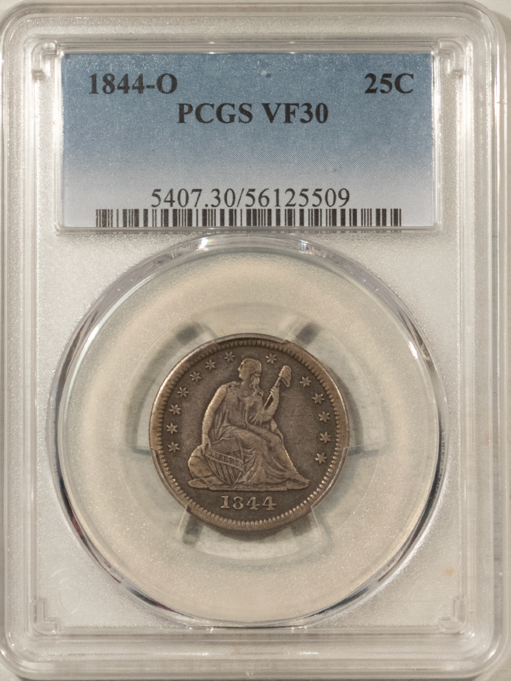Liberty Seated Quarters 1844-O SEATED LIBERTY QUARTER – PCGS VF-30 Liberty Seated Quarters 1844-O SEATED LIBERTY QUARTER – PCGS VF-30