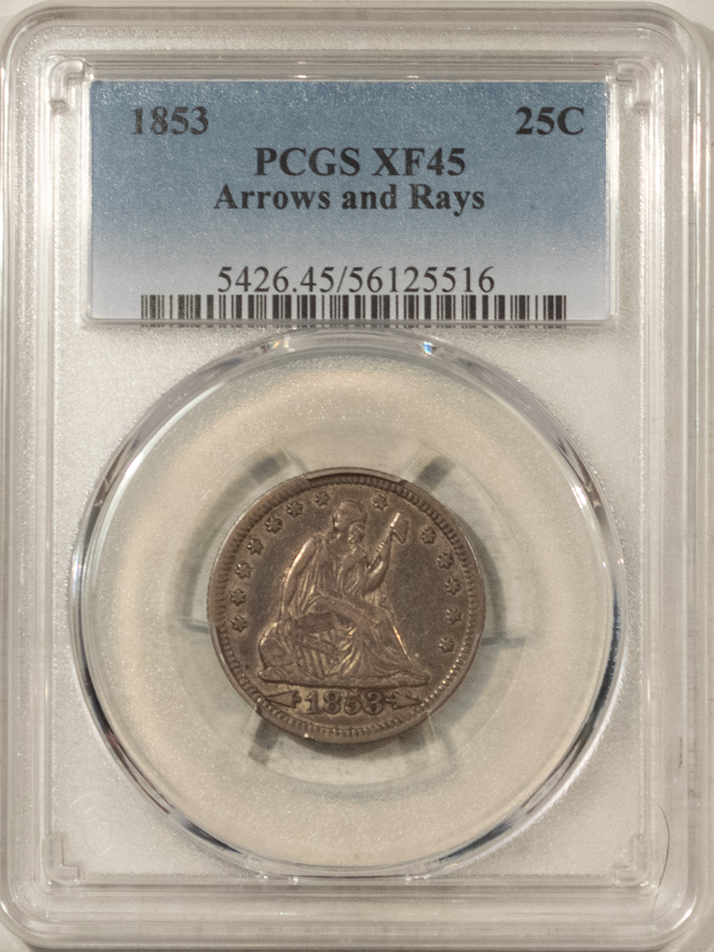 Liberty Seated Quarters 1853 SEATED LIBERTY QUARTER, ARROWS AND RAYS – PCGS XF-45 Liberty Seated Quarters 1853 SEATED LIBERTY QUARTER, ARROWS AND RAYS – PCGS XF-45