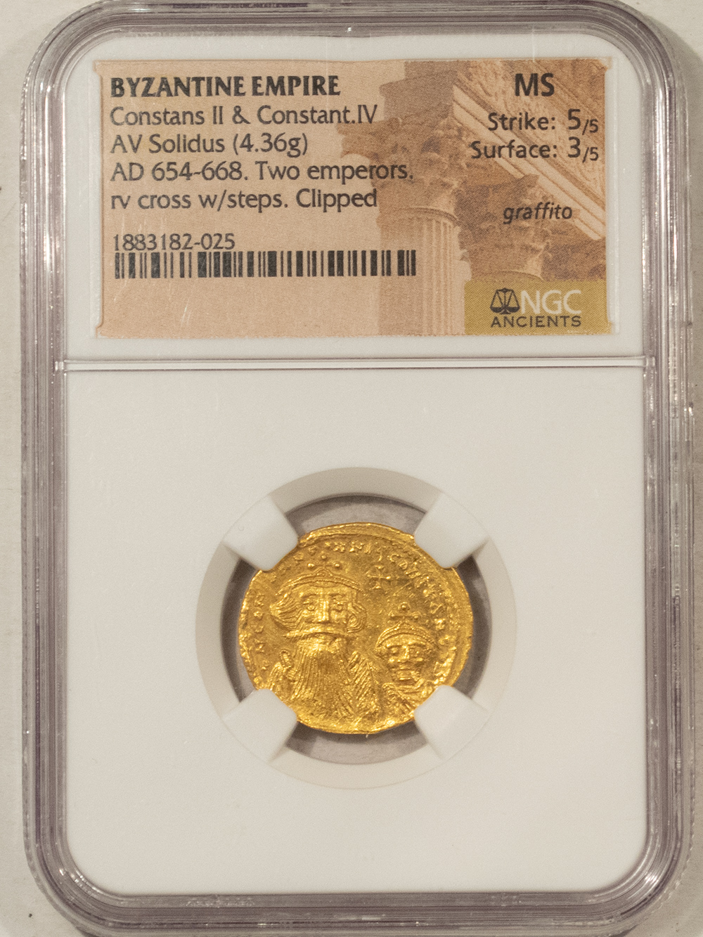 Ancient Coins BYZANTINE EMPIRE CONSTANS II & CONSTANT IV, AD 654-668 GOLD SOLIDUS NGC 5/5, 3/5 Ancient Coins BYZANTINE EMPIRE CONSTANS II & CONSTANT IV, AD 654-668 GOLD SOLIDUS NGC 5/5, 3/5
