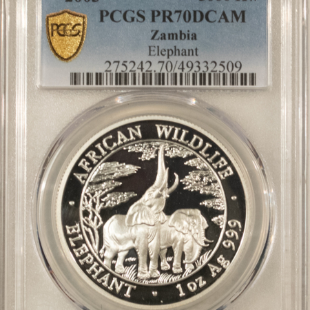 Bullion 2003 PROOF ZAMBIA 5000 KWACHA SILVER ELEPHANT – PCGS PR-70 DCAM