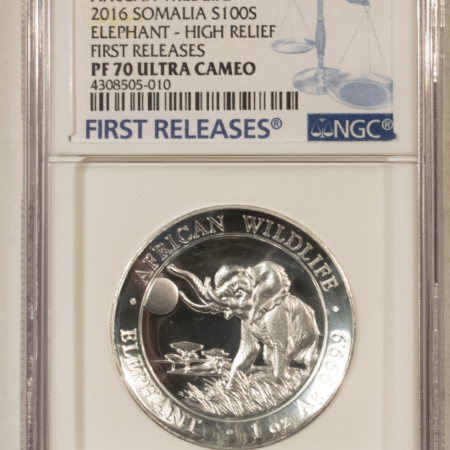 Bullion 2016 PROOF SOMALIA 100 SHILLINGS 1 OZ 999 ELEPHANT HIGH RELIEF – NGC PF-70 UCAM