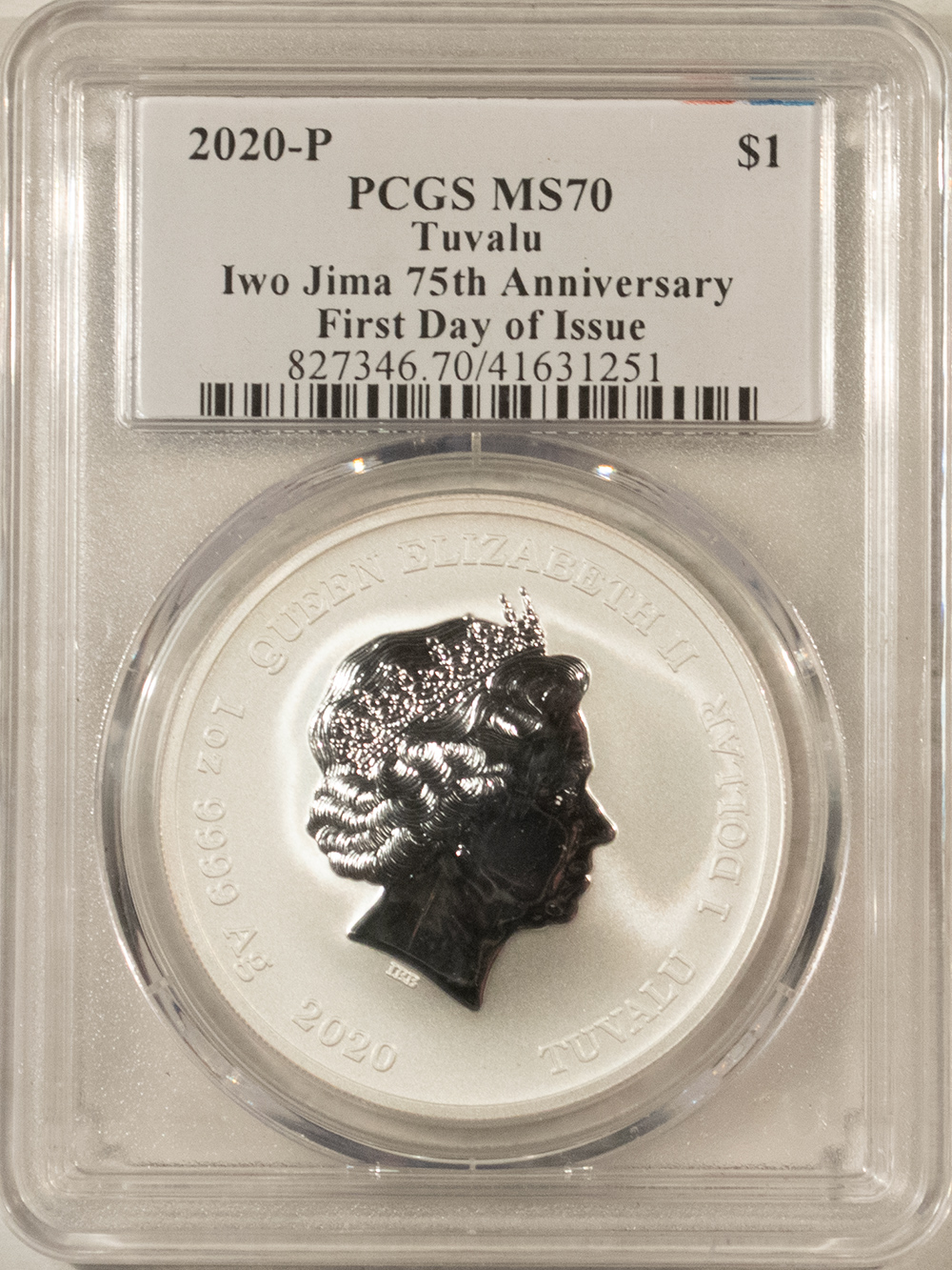 Bullion 2020-P $1 TUVALU IWO JIMA 75TH ANNIVERSARY SILVER 1 OZ .9999 PCGS MS70 FIRST DAY Bullion 2020-P $1 TUVALU IWO JIMA 75TH ANNIVERSARY SILVER 1 OZ .9999 PCGS MS70 FIRST DAY