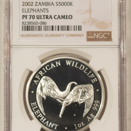 Bullion 2002 ZAMBIA 5000 KWACHA PROOF AFRICAN WILDLIFE ELEPHANTS – NGC PF-70 UCAM RARE!