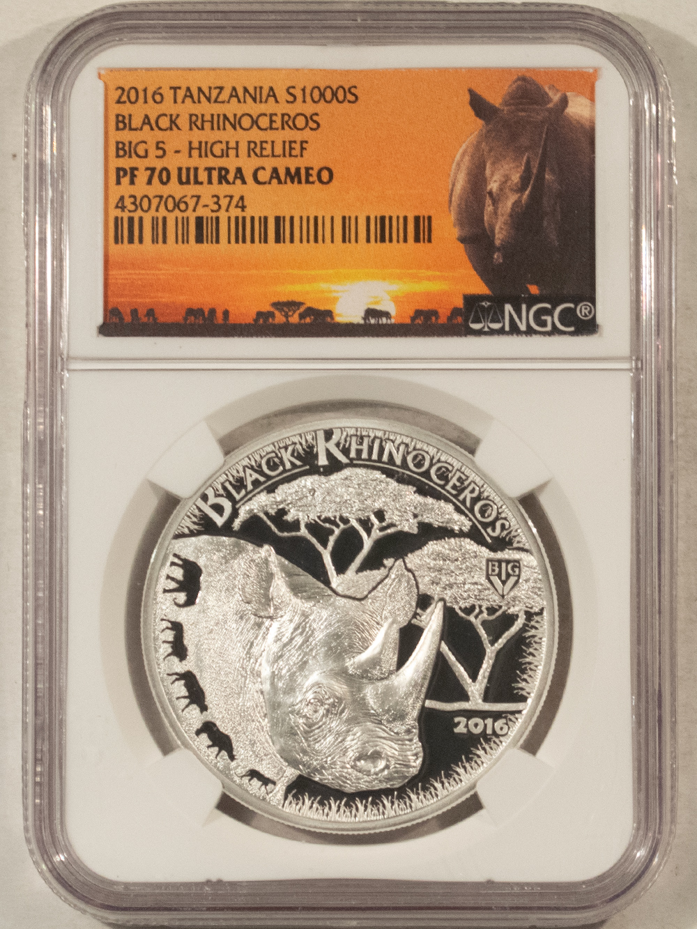 Bullion 2016 PROOF TANZANIA 1000 SHILLINGS BLACK RHINO BIG 5 HIGH RELIEF, NGC PF-70 UCAM Bullion 2016 PROOF TANZANIA 1000 SHILLINGS BLACK RHINO BIG 5 HIGH RELIEF, NGC PF-70 UCAM