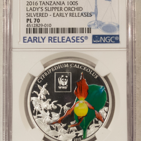 Bullion 2016 PROOF TANZANIA SILVERED 100 SHILLINGS LADYS SLIPPER ORCHID NGC PL-70 ER