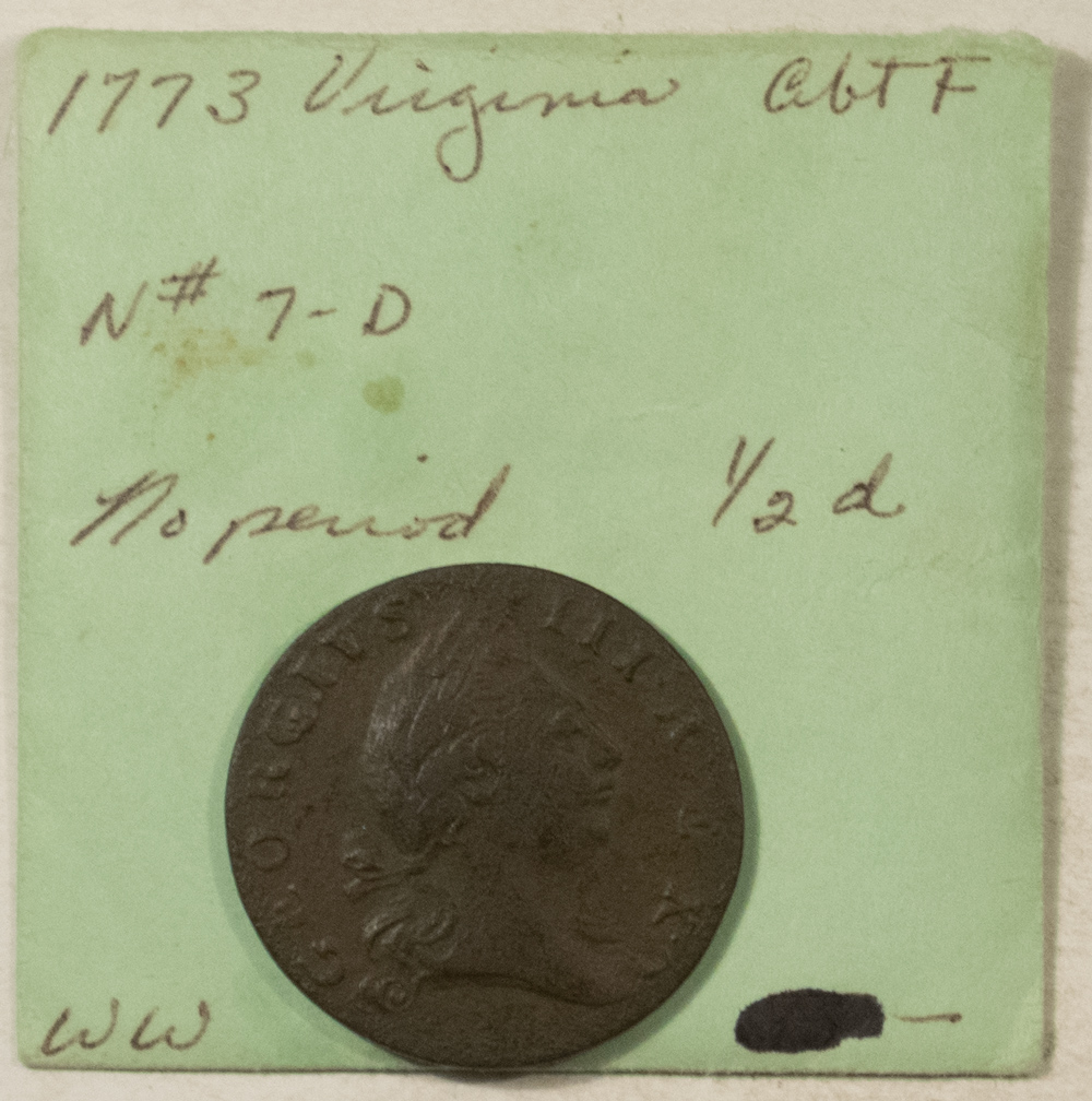 Colonials 1773 VIRGINIA HALF PENNY NO PERIOD – STRONG DETAILS, SLIGHTLY POROUS! Colonials 1773 VIRGINIA HALF PENNY NO PERIOD – STRONG DETAILS, SLIGHTLY POROUS!