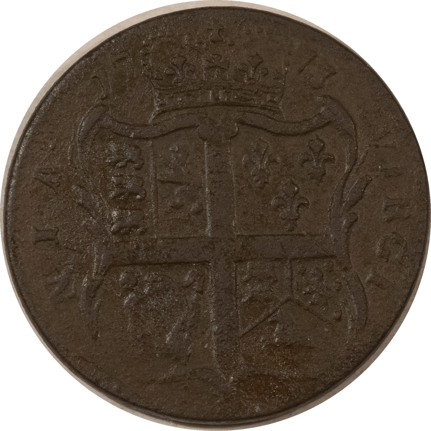 Colonials 1773 VIRGINIA HALF PENNY NO PERIOD – STRONG DETAILS, SLIGHTLY POROUS! Colonials 1773 VIRGINIA HALF PENNY NO PERIOD – STRONG DETAILS, SLIGHTLY POROUS!