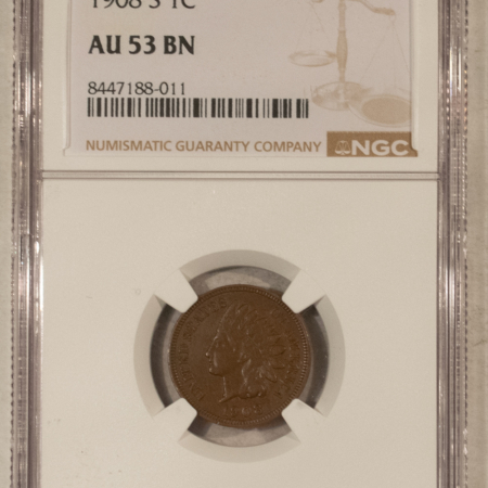 Indian 1908-S INDIAN CENT – NGC AU-53 BN, KEY-DATE!