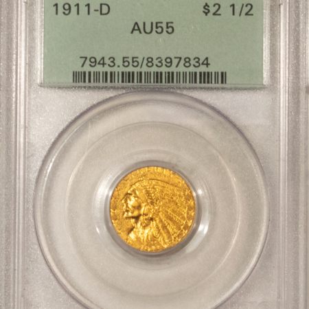 $2.50 1911-D $2.50 INDIAN GOLD, PCGS AU-55 OGH, KEY-DATE, STRONG D!