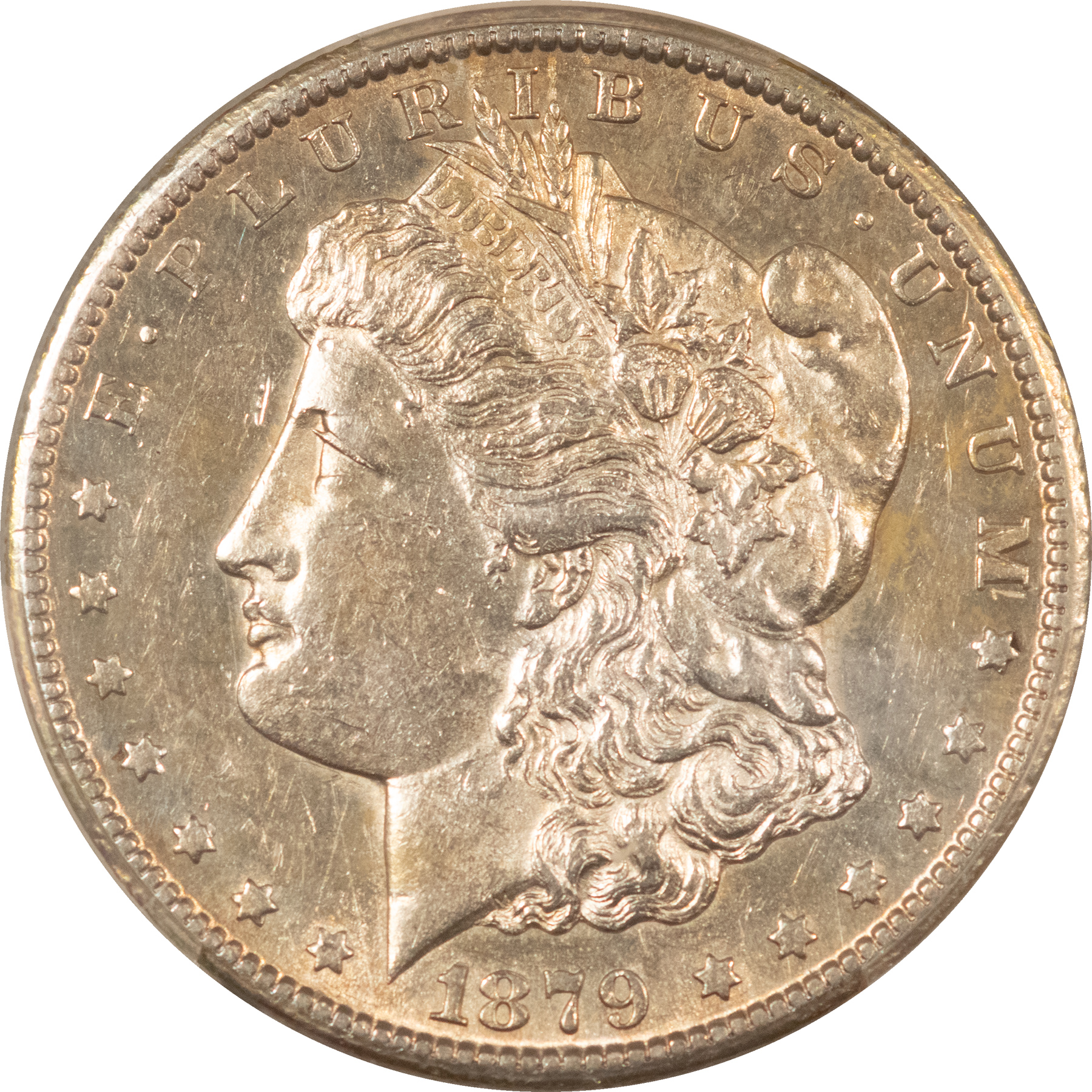 Dollars 1879-CC $1 MORGAN DOLLAR, CAPPED DIE, PCGS AU-53, WHITE & SEMI PL-NICE EXAMPLE! Dollars 1879-CC $1 MORGAN DOLLAR, CAPPED DIE, PCGS AU-53, WHITE & SEMI PL-NICE EXAMPLE!