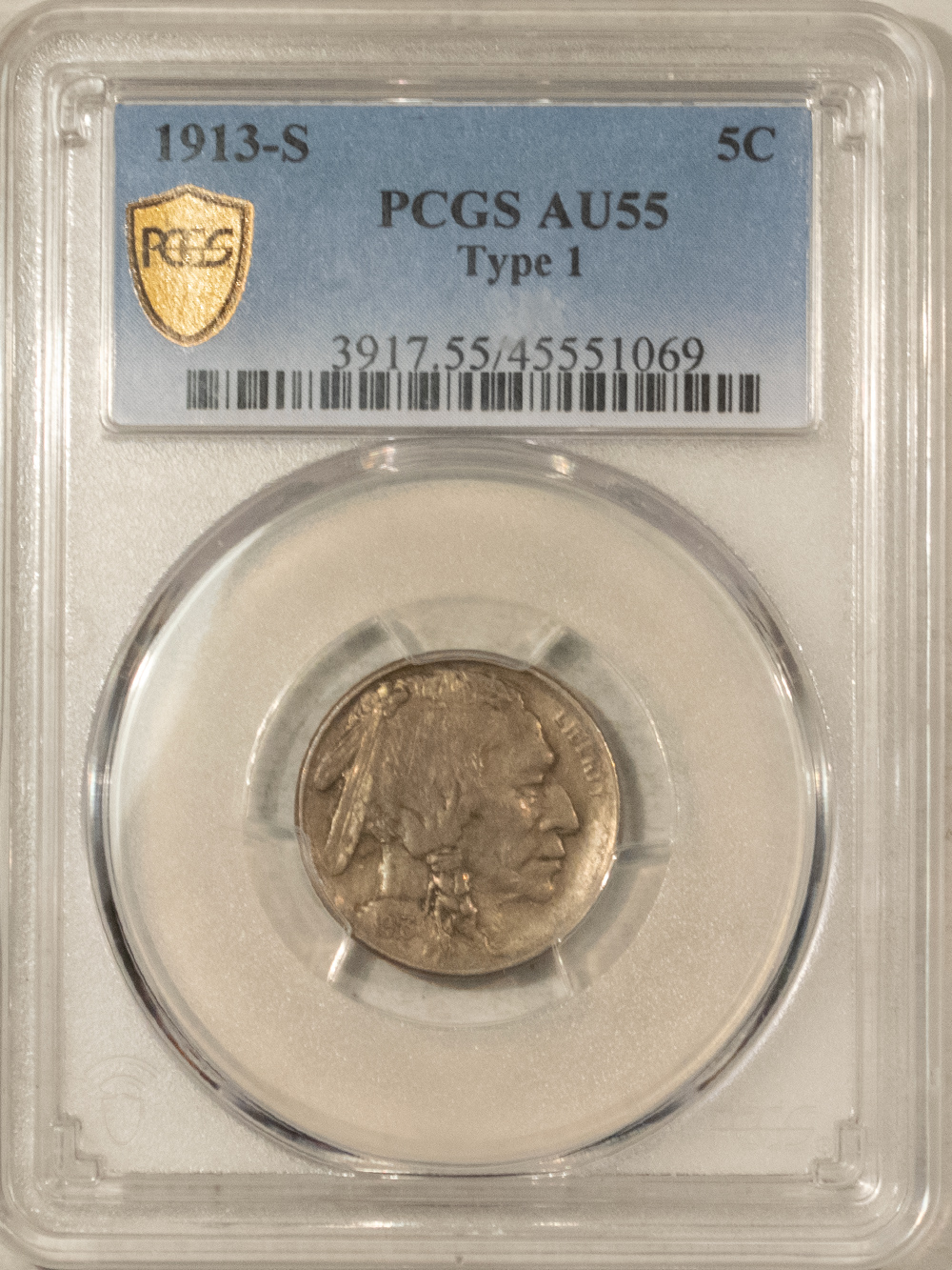 Buffalo Nickels 1913-S BUFFALO NICKEL, TYPE 1 – PCGS AU-55 Buffalo Nickels 1913-S BUFFALO NICKEL, TYPE 1 – PCGS AU-55