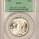 Half Dollars 1942 WALKING LIBERTY HALF DOLLAR – PCGS MS-66 OLD GREEN HOLDER, PREMIUM QUALITY!