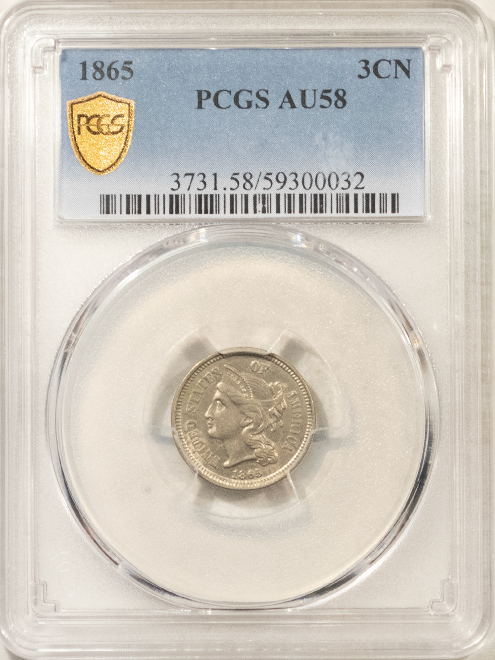 New Certified Coins 1865 THREE CENT NICKEL – PCGS AU-58, PREMIUM QUALITY! New Certified Coins 1865 THREE CENT NICKEL – PCGS AU-58, PREMIUM QUALITY!