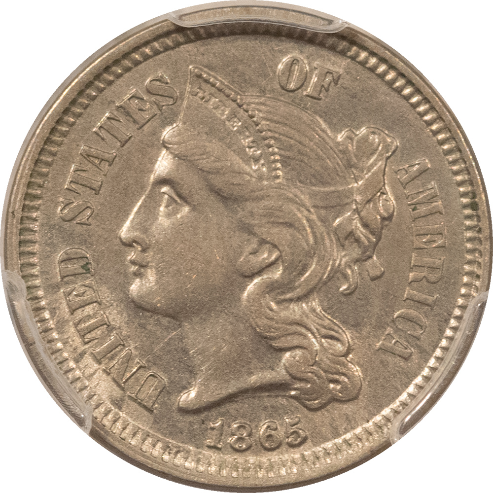 New Certified Coins 1865 THREE CENT NICKEL – PCGS AU-58, PREMIUM QUALITY! New Certified Coins 1865 THREE CENT NICKEL – PCGS AU-58, PREMIUM QUALITY!