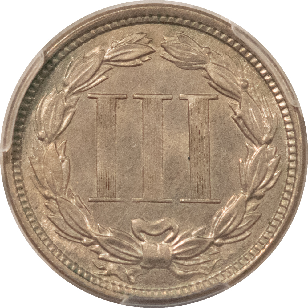 New Certified Coins 1865 THREE CENT NICKEL – PCGS AU-58, PREMIUM QUALITY! New Certified Coins 1865 THREE CENT NICKEL – PCGS AU-58, PREMIUM QUALITY!