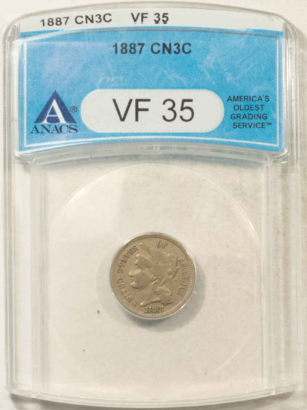 New Certified Coins 1887 THREE CENT NICKEL – ANACS VF-35, RARE BUSINESS STRIKE! New Certified Coins 1887 THREE CENT NICKEL – ANACS VF-35, RARE BUSINESS STRIKE!