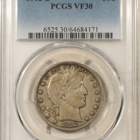 Barber Halves 1912-D BARBER HALF DOLLAR – PCGS VF-30, ATTRACTIVE!