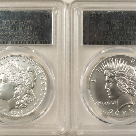 Dollars 2023 MORGAN & PEACE DOLLAR SILVER COMMEMORATIVE SET PCGS MS-70 ADVANCED RELEASES