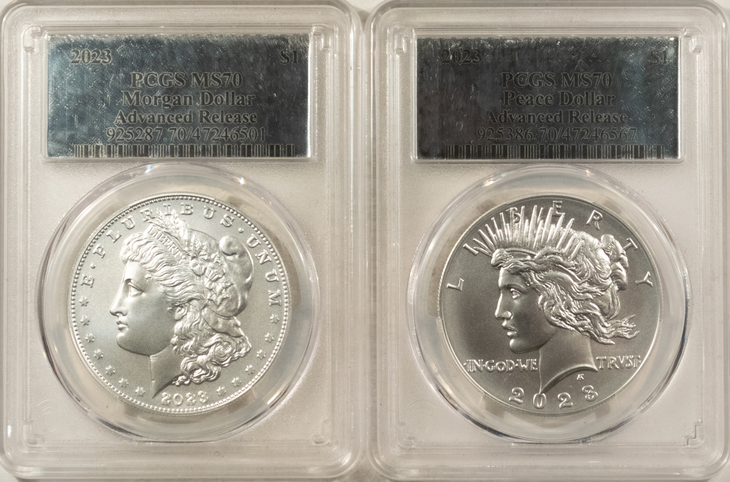 Dollars 2023 MORGAN & PEACE DOLLAR SILVER COMMEMORATIVE SET PCGS MS-70 ADVANCED RELEASES Dollars 2023 MORGAN & PEACE DOLLAR SILVER COMMEMORATIVE SET PCGS MS-70 ADVANCED RELEASES