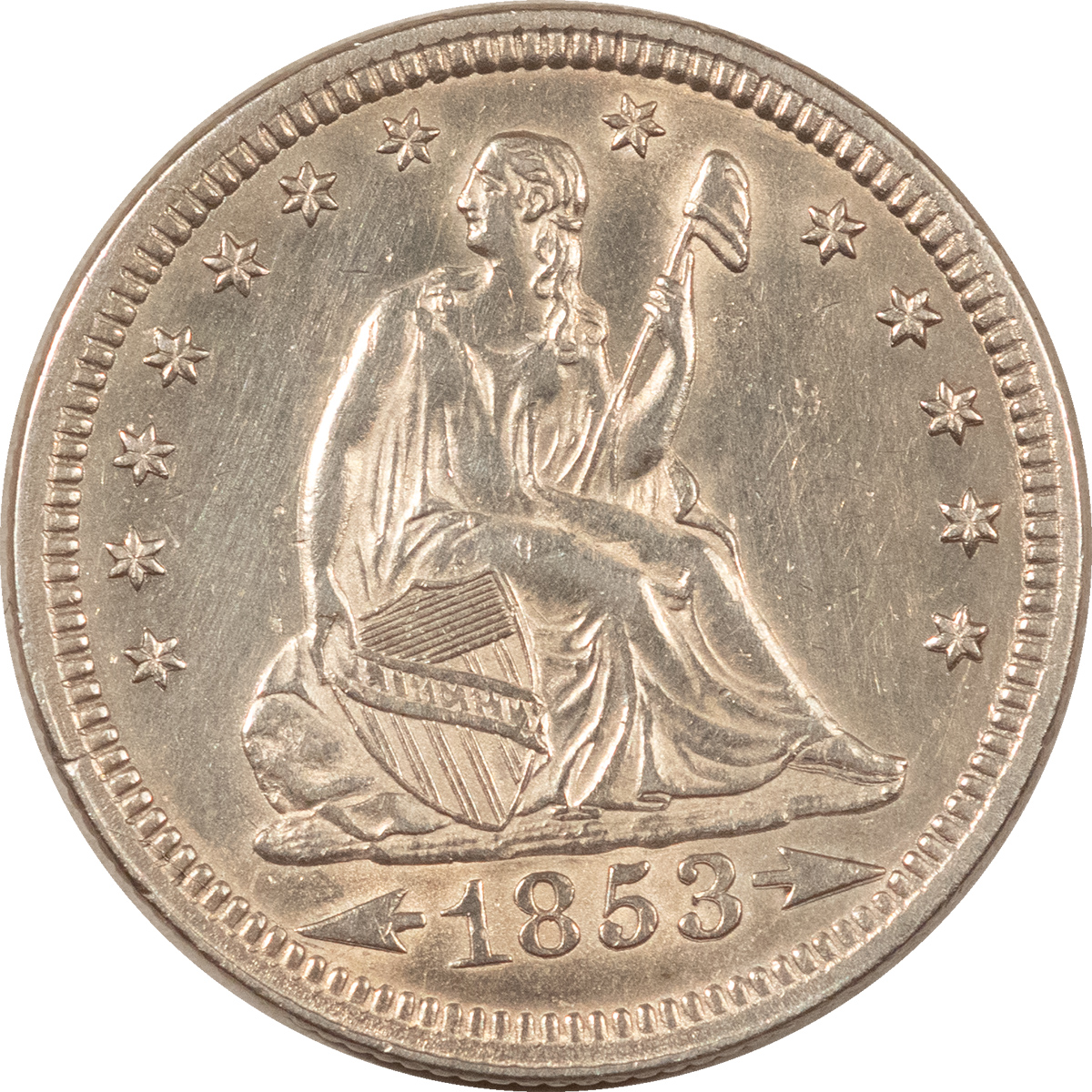 Liberty Seated Quarters 1853 SEATED LIBERTY QUARTER ARROWS & RAYS – HIGH GRADE, NEARLY UNC BUT CLEANED Liberty Seated Quarters 1853 SEATED LIBERTY QUARTER ARROWS & RAYS – HIGH GRADE, NEARLY UNC BUT CLEANED