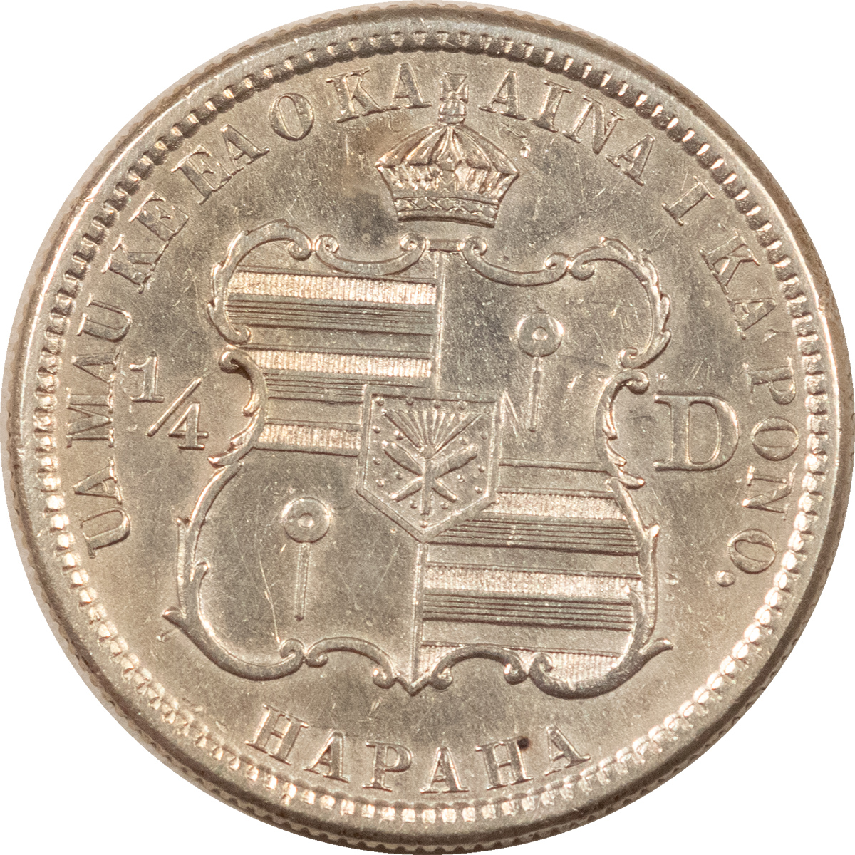 1883 KINGDOM OF HAWAII 25 CENTS – AU+ DETAILS BUT CLEANED! – The