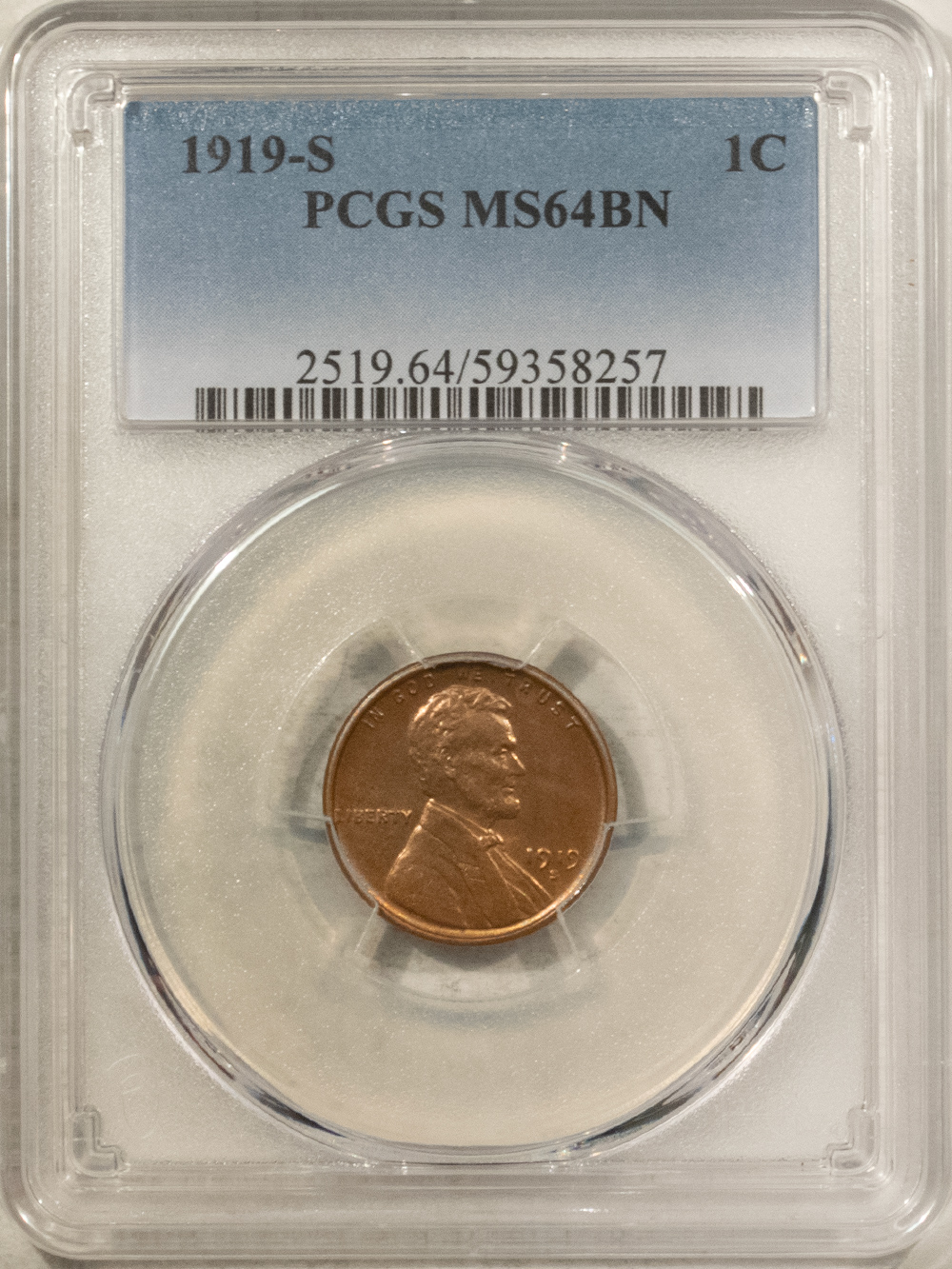Lincoln Cents (Wheat) 1919-S LINCOLN CENT – PCGS MS-64 BN TOUGHER DATE, LOOKS RED-BROWN! Lincoln Cents (Wheat) 1919-S LINCOLN CENT – PCGS MS-64 BN TOUGHER DATE, LOOKS RED-BROWN!