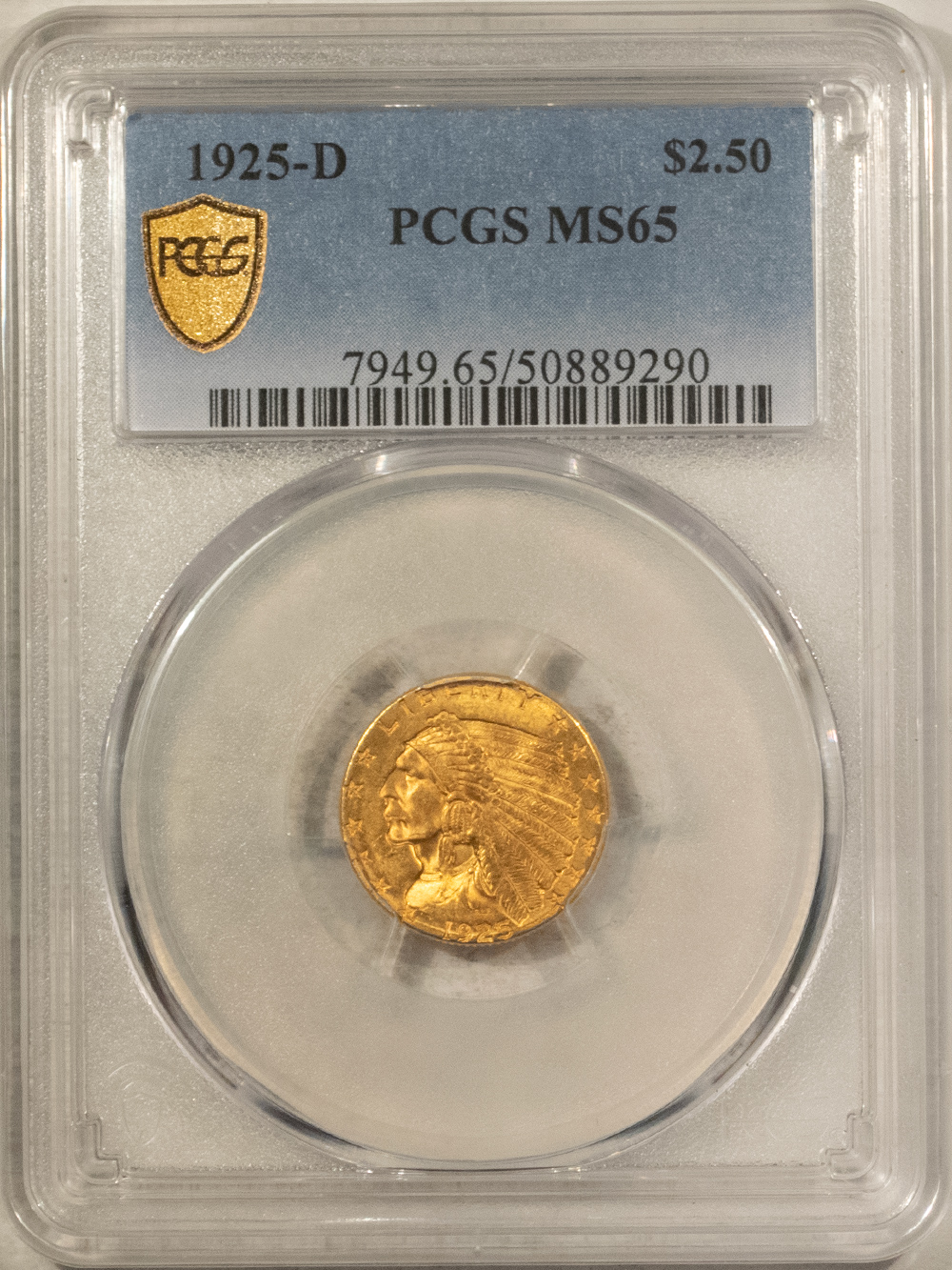 $2.50 1925-D $2.50 INDIAN GOLD QUARTER EAGLE – PCGS MS-65, LUSTROUS GEM! $2.50 1925-D $2.50 INDIAN GOLD QUARTER EAGLE – PCGS MS-65, LUSTROUS GEM!