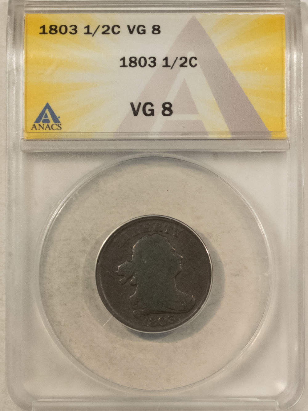 Draped Bust Half Cents 1803 DRAPED BUST HALF CENT – ANACS VG-8, WHOLESOME & NICE! Draped Bust Half Cents 1803 DRAPED BUST HALF CENT – ANACS VG-8, WHOLESOME & NICE!