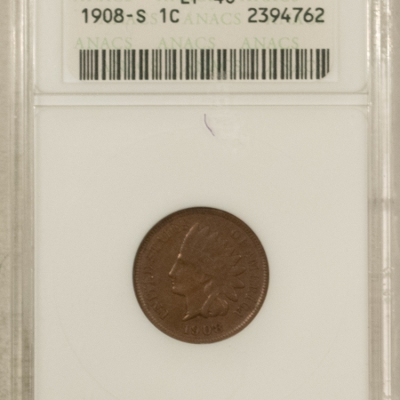 Indian 1908-S INDIAN CENT – ANACS EF-40 KEY DATE, SMALL WHITE HOLDER