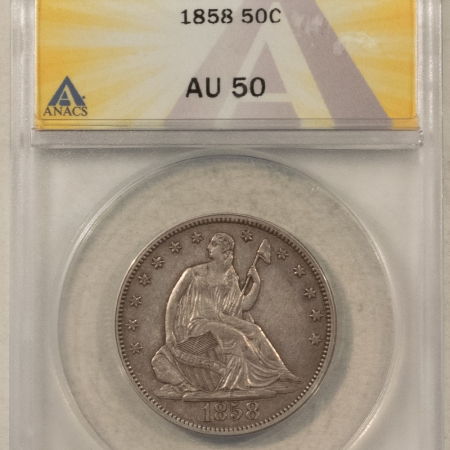 Half Dollars 1858 SEATED LIBERTY HALF DOLLAR – ANACS AU-50, NICE LOOK