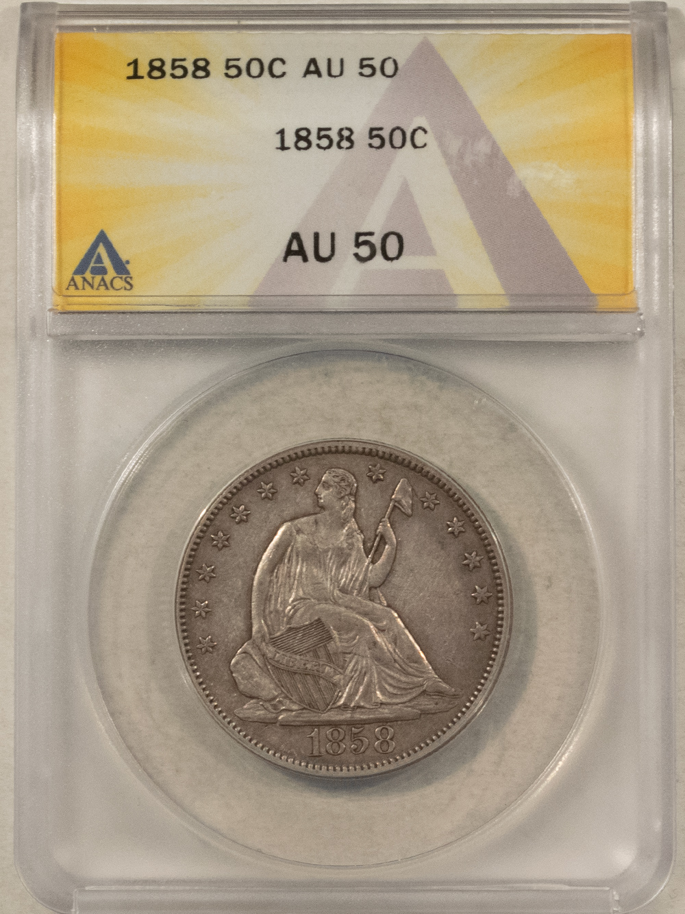 Half Dollars 1858 SEATED LIBERTY HALF DOLLAR – ANACS AU-50, NICE LOOK Half Dollars 1858 SEATED LIBERTY HALF DOLLAR – ANACS AU-50, NICE LOOK