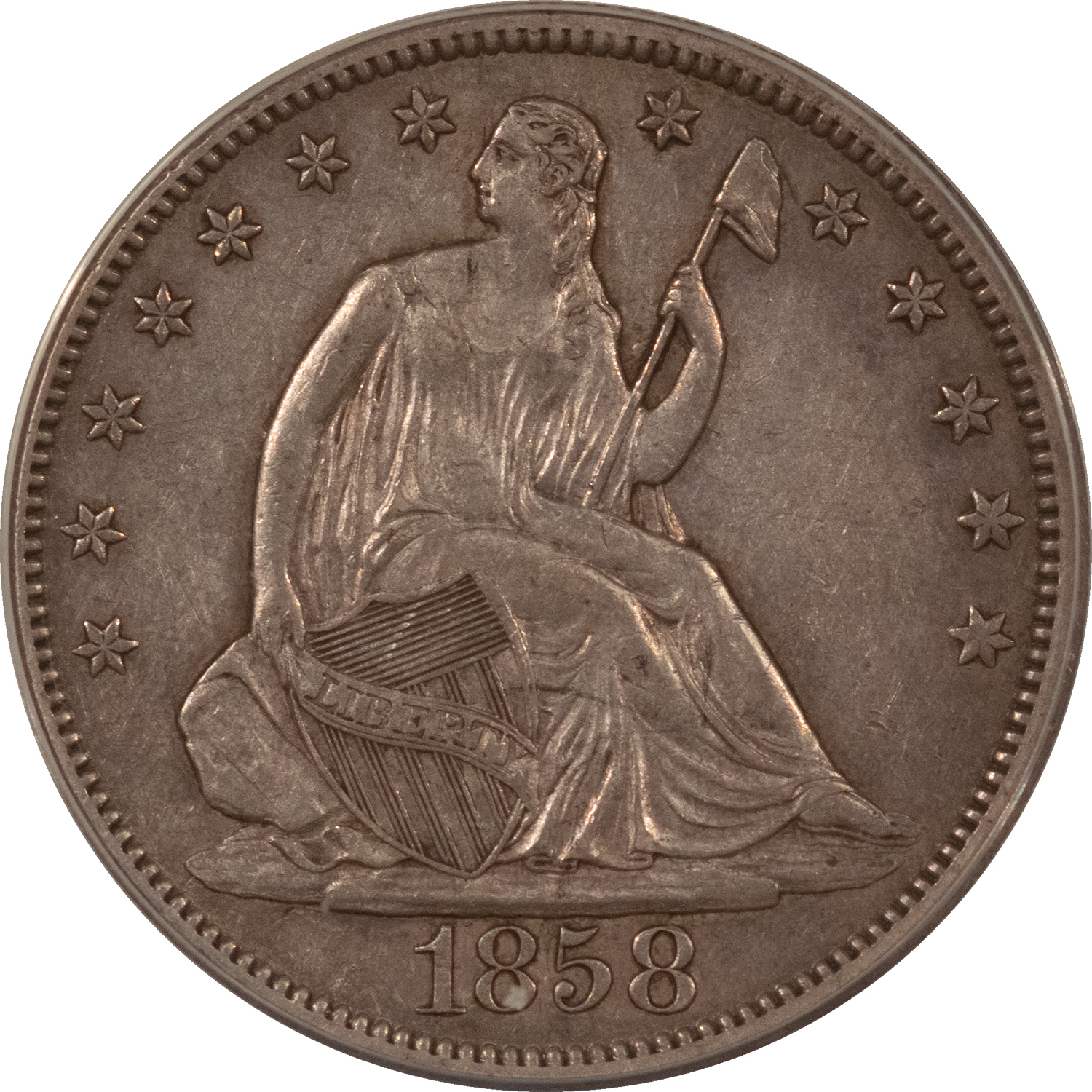 Half Dollars 1858 SEATED LIBERTY HALF DOLLAR – ANACS AU-50, NICE LOOK Half Dollars 1858 SEATED LIBERTY HALF DOLLAR – ANACS AU-50, NICE LOOK