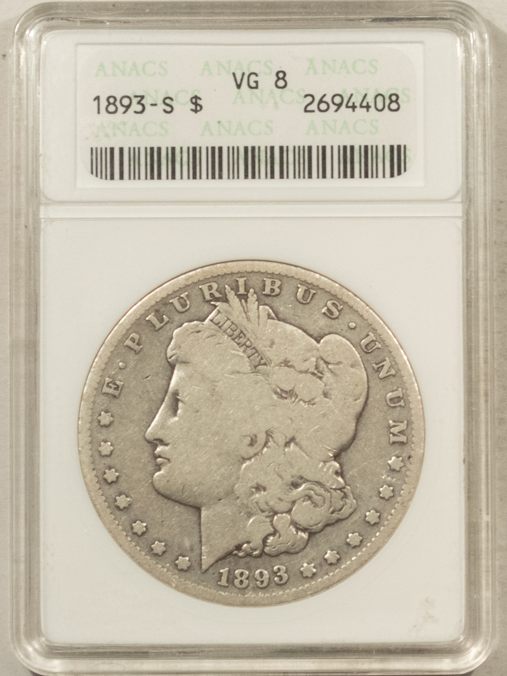Dollars 1893-S $1 MORGAN DOLLAR – ANACS VG-8 FULL RIMS, PLEASING FOR GRADE! SOAPBOX, KEY Dollars 1893-S $1 MORGAN DOLLAR – ANACS VG-8 FULL RIMS, PLEASING FOR GRADE! SOAPBOX, KEY
