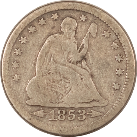 Liberty Seated Quarters 1853 LIBERTY SEATED QUARTER, ARROWS & RAYS – PLEASING CIRCULATED EXAMPLE!