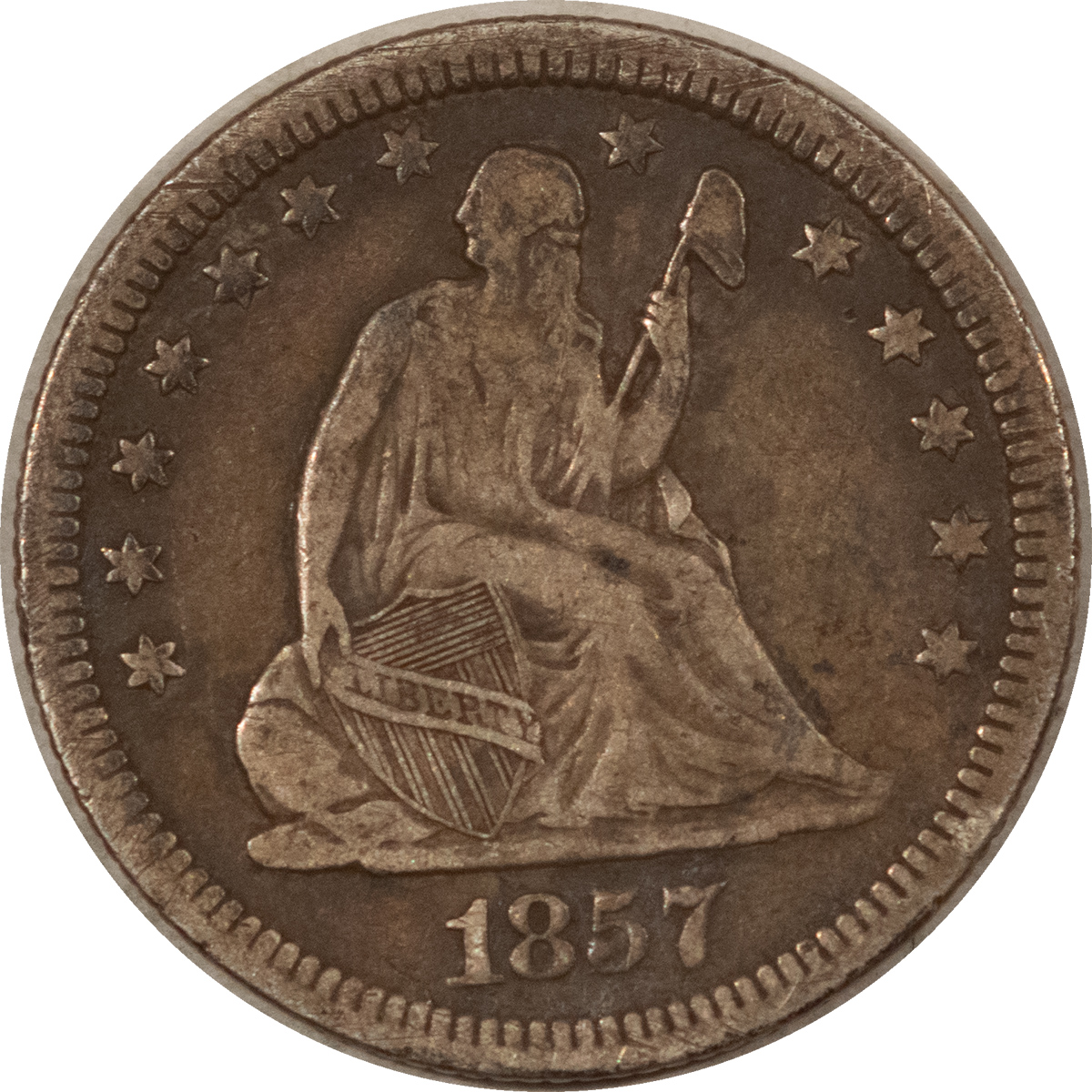 Liberty Seated Quarters 1857 LIBERTY SEATED QUARTER – HIGH GRADE CIRCULATED EXAMPLE! Liberty Seated Quarters 1857 LIBERTY SEATED QUARTER – HIGH GRADE CIRCULATED EXAMPLE!