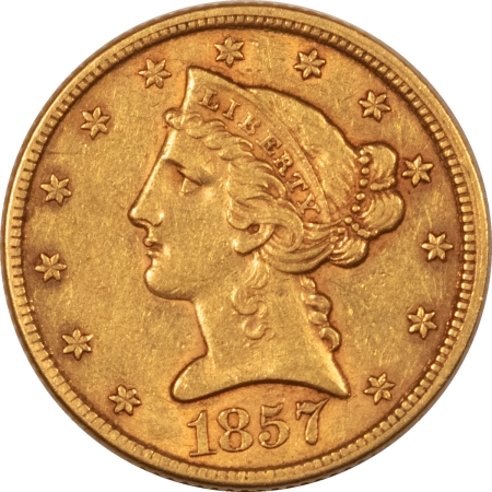 $5 1857 $5 LIBERTY GOLD HALF EAGLE, NO MOTTO HIGH GRADE EXAMPLE! LOW MINTAGE 98,188